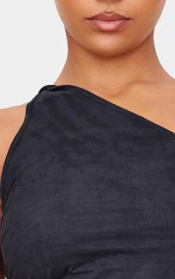 Clearance PrettyLittleThing Faux Suede Twist Detail One Shoulder Top Black