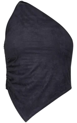 Clearance PrettyLittleThing Faux Suede Twist Detail One Shoulder Top Black