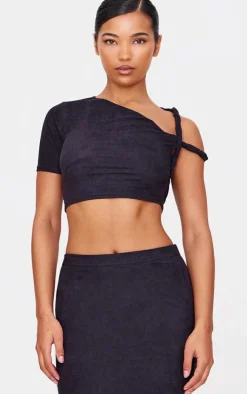 Clearance PrettyLittleThing Faux Suede Twist Strap Detail Crop Top Black