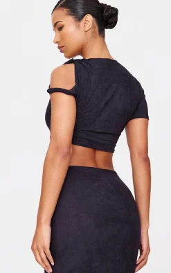 Clearance PrettyLittleThing Faux Suede Twist Strap Detail Crop Top Black