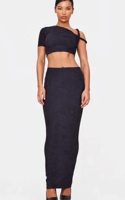 Clearance PrettyLittleThing Faux Suede Twist Strap Detail Crop Top Black