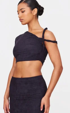 Clearance PrettyLittleThing Faux Suede Twist Strap Detail Crop Top Black
