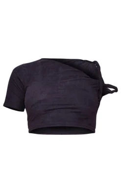 Clearance PrettyLittleThing Faux Suede Twist Strap Detail Crop Top Black