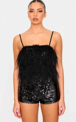 Feather Detail Strappy Sequin Romper-PrettyLittleThing Online