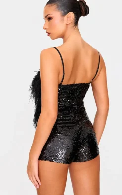 Feather Detail Strappy Sequin Romper-PrettyLittleThing Online
