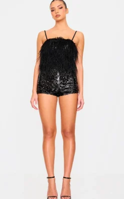 Feather Detail Strappy Sequin Romper-PrettyLittleThing Online