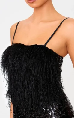 Feather Detail Strappy Sequin Romper-PrettyLittleThing Online