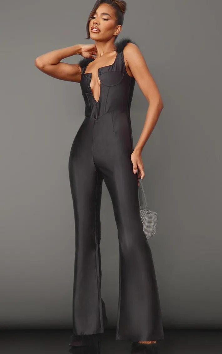 Black Feather Shoulder V Bar Underwired Satin Jumpsuit