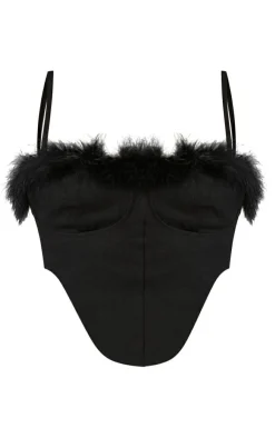 Sale PrettyLittleThing Feather Trim Cup Detail Denim Top Black