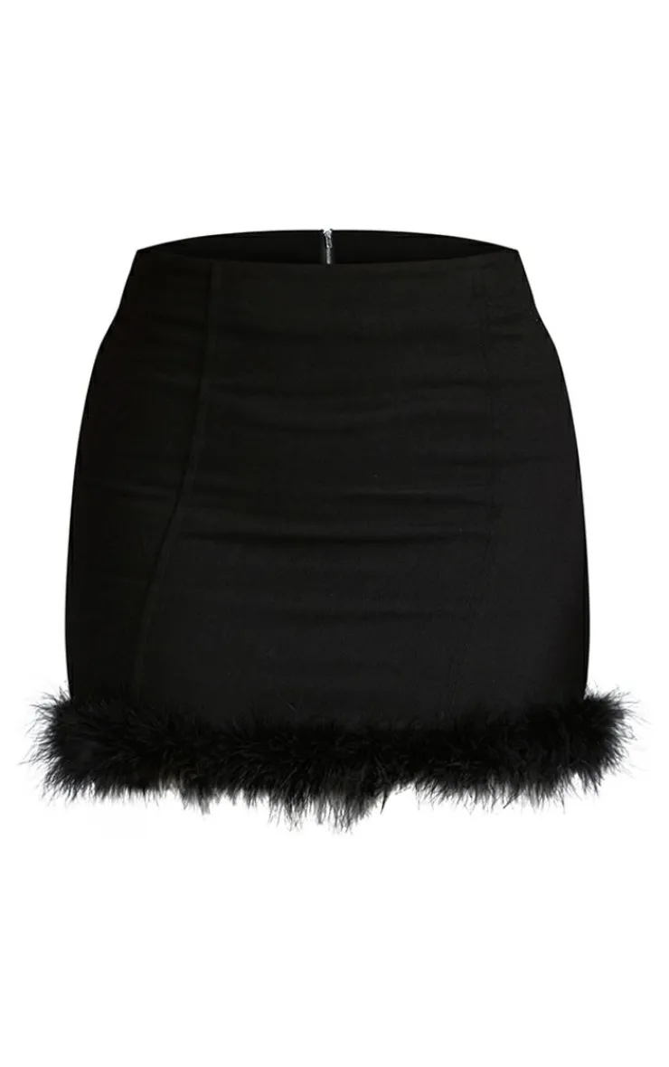 Best PrettyLittleThing Feather Trim Denim Mini Skirt Black