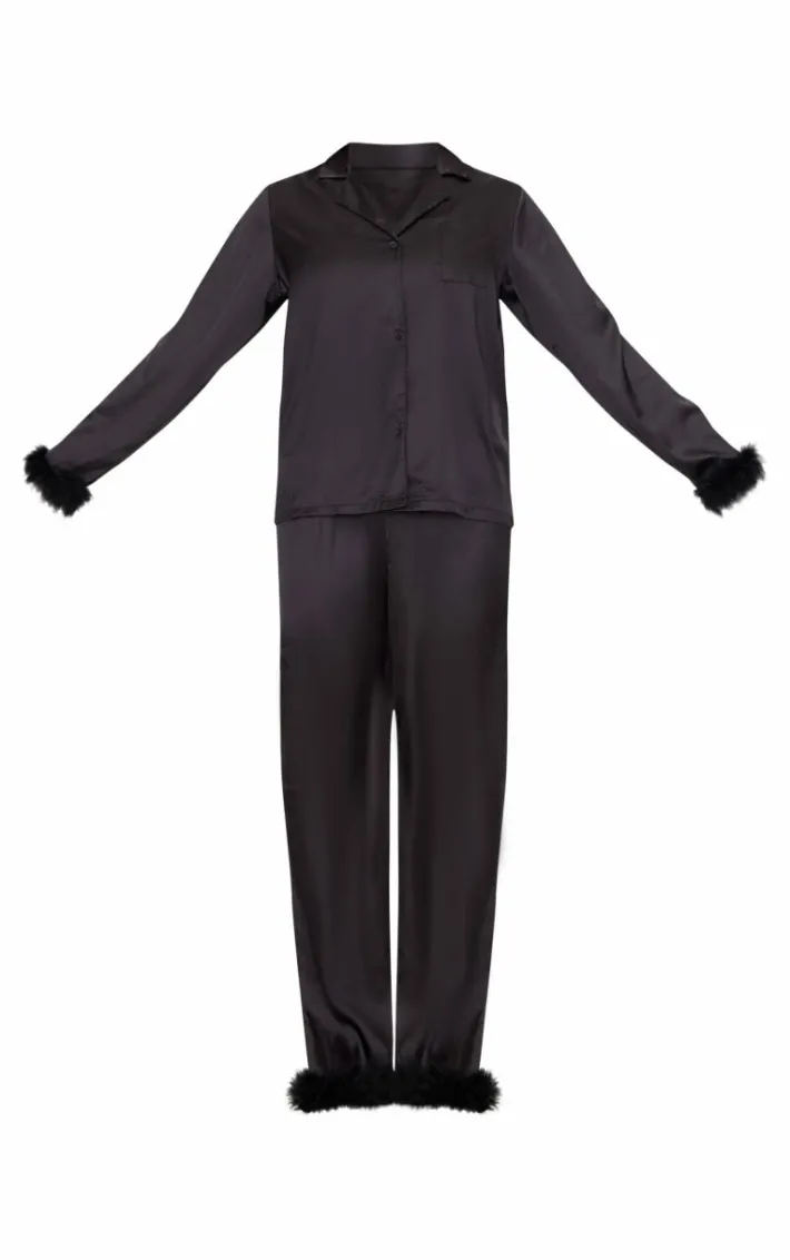 Black Feather Trim Satin Long Pajama Set