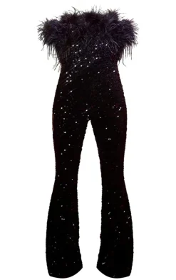 PrettyLittleThing Christmas Party Outfits*Feather Trim Sequin Bardot Jumpsuit
