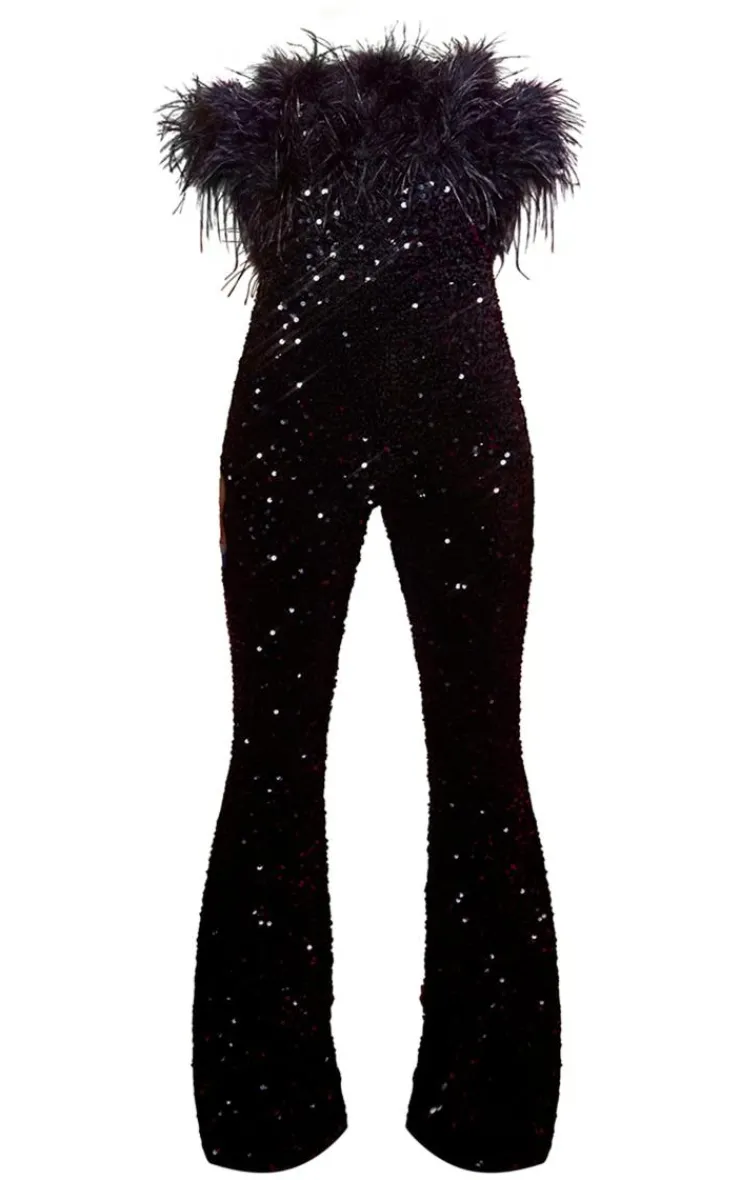PrettyLittleThing Christmas Party Outfits*Feather Trim Sequin Bardot Jumpsuit