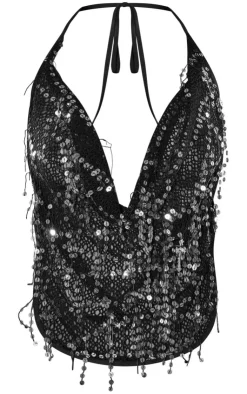 Fishnet Tassel Sequin Halter Backless Top-PrettyLittleThing New