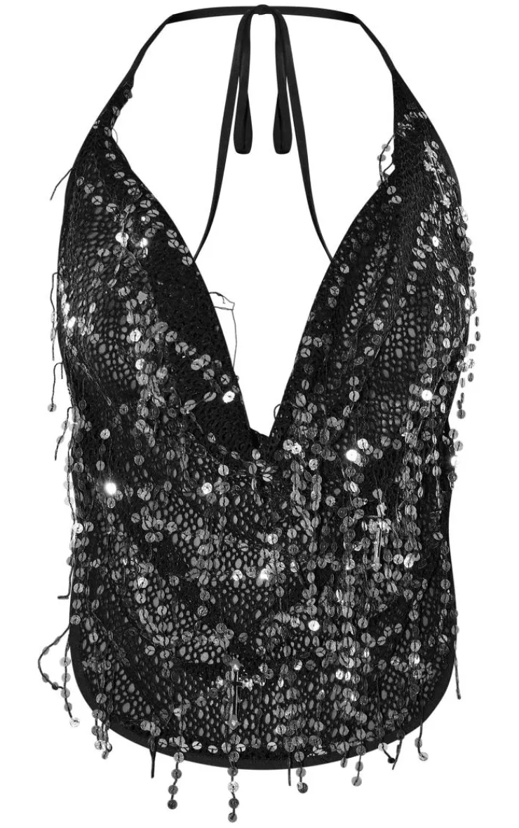 Fishnet Tassel Sequin Halter Backless Top-PrettyLittleThing New