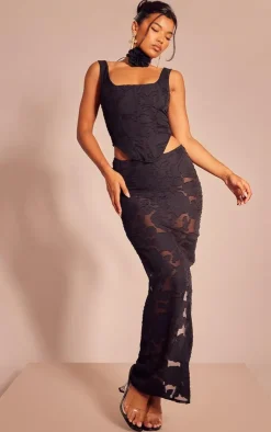 PrettyLittleThing Floral Applique Low Rise Maxi Skirt Black