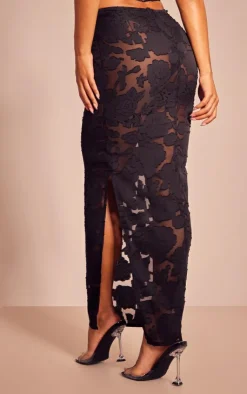 PrettyLittleThing Floral Applique Low Rise Maxi Skirt Black