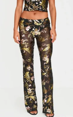 Sale PrettyLittleThing Floral Foil Printed Mesh Flare Pants Black