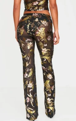 Sale PrettyLittleThing Floral Foil Printed Mesh Flare Pants Black