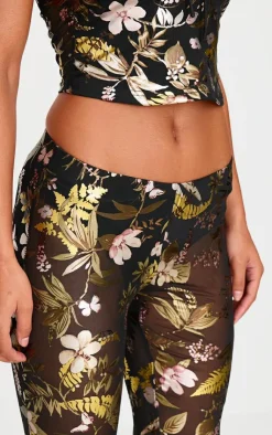 Sale PrettyLittleThing Floral Foil Printed Mesh Flare Pants Black