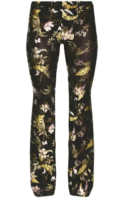 Sale PrettyLittleThing Floral Foil Printed Mesh Flare Pants Black