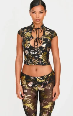 New PrettyLittleThing Floral Foil Printed Mesh Band Collar Crop Top Black