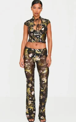 New PrettyLittleThing Floral Foil Printed Mesh Band Collar Crop Top Black
