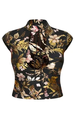New PrettyLittleThing Floral Foil Printed Mesh Band Collar Crop Top Black