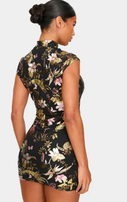 Floral Foil Printed Mesh Band Collar Bodycon Dress-PrettyLittleThing Best