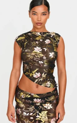 Online PrettyLittleThing Floral Foil Printed Mesh Ruched Crop Top Black