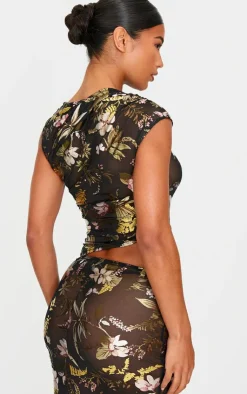 Online PrettyLittleThing Floral Foil Printed Mesh Ruched Crop Top Black