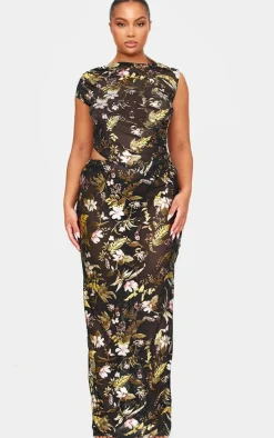 Online PrettyLittleThing Floral Foil Printed Mesh Ruched Crop Top Black