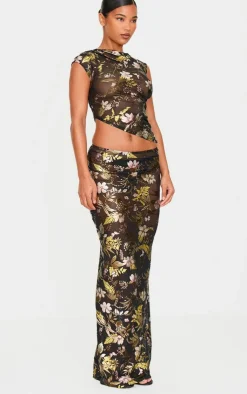 Online PrettyLittleThing Floral Foil Printed Mesh Ruched Crop Top Black
