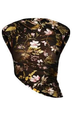 Online PrettyLittleThing Floral Foil Printed Mesh Ruched Crop Top Black