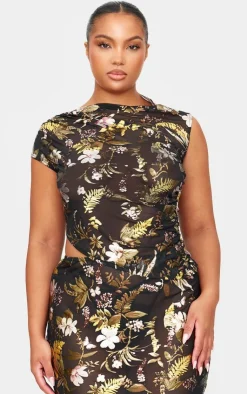 Online PrettyLittleThing Floral Foil Printed Mesh Ruched Crop Top Black