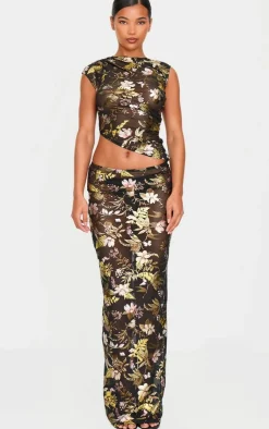 PrettyLittleThing Floral Foil Printed Mesh Maxi Skirt Black