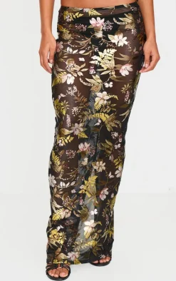 PrettyLittleThing Floral Foil Printed Mesh Maxi Skirt Black