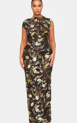 PrettyLittleThing Floral Foil Printed Mesh Maxi Skirt Black