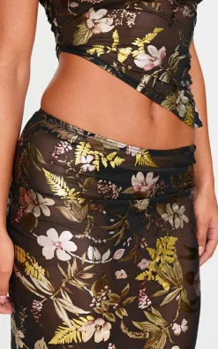 PrettyLittleThing Floral Foil Printed Mesh Maxi Skirt Black