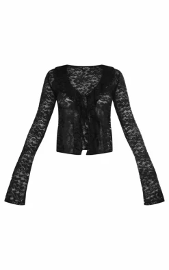 Outlet PrettyLittleThing Floral Lace Ruffle Tie Front Shirt Black