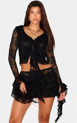 Sale PrettyLittleThing Floral Lace Ruffle Detail Tie Front Shirt Black