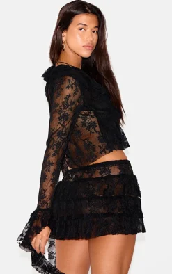 Sale PrettyLittleThing Floral Lace Ruffle Detail Tie Front Shirt Black