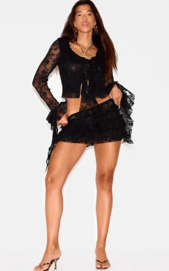 Sale PrettyLittleThing Floral Lace Ruffle Detail Tie Front Shirt Black