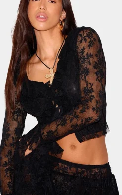 Sale PrettyLittleThing Floral Lace Ruffle Detail Tie Front Shirt Black