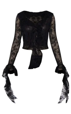 Sale PrettyLittleThing Floral Lace Ruffle Detail Tie Front Shirt Black
