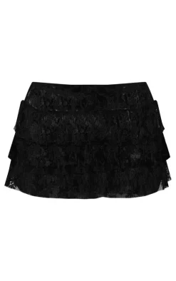 New PrettyLittleThing Floral Lace Ruffle Micro Mini Skirt Black
