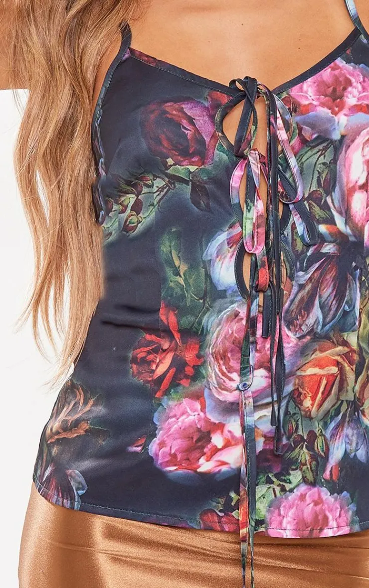 PrettyLittleThing Camisole*Floral Print Chiffon Lace Up Cami Long Top