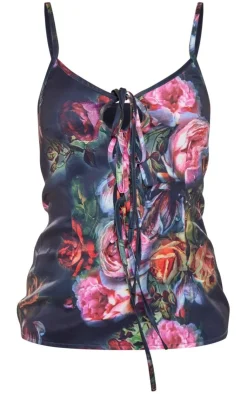 PrettyLittleThing Camisole*Floral Print Chiffon Lace Up Cami Long Top