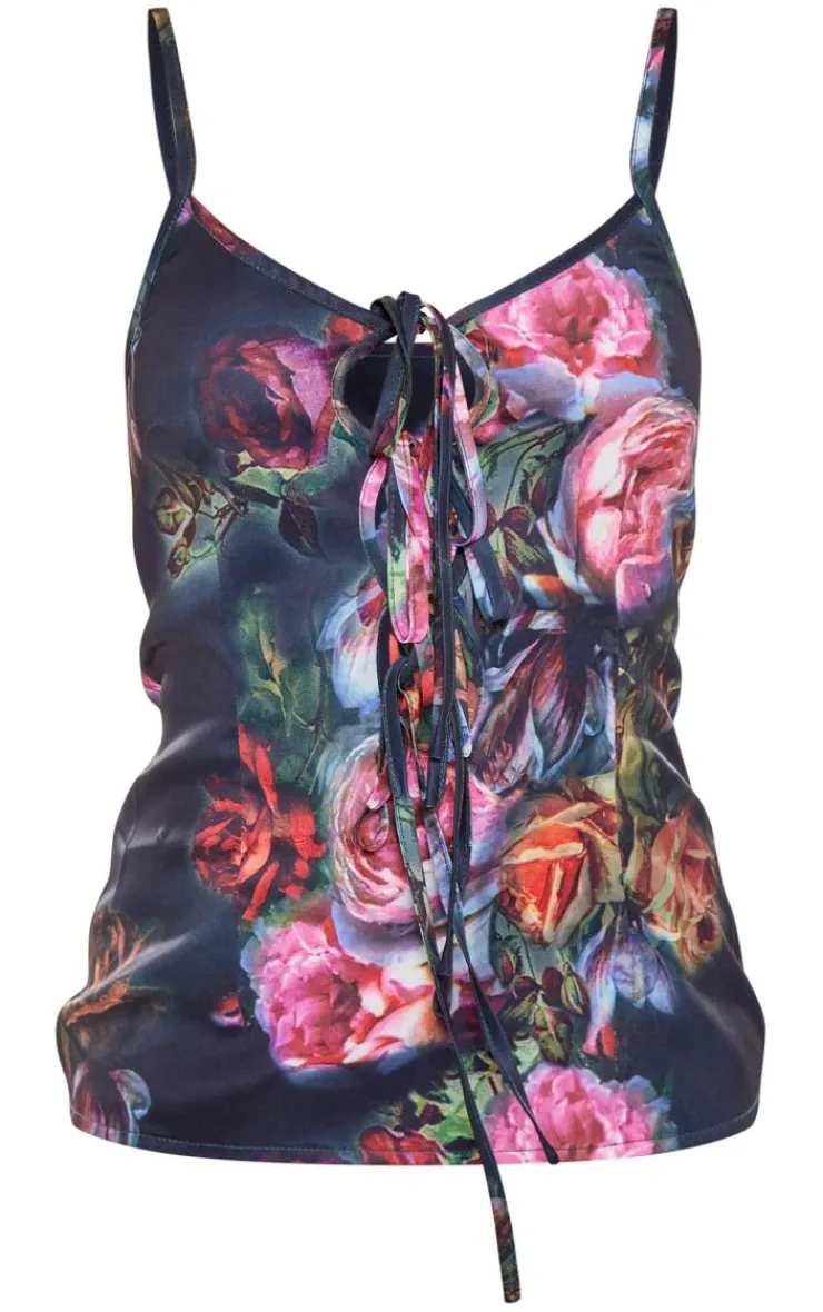 PrettyLittleThing Camisole*Floral Print Chiffon Lace Up Cami Long Top