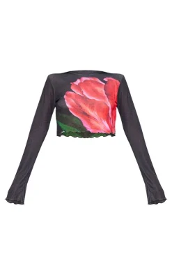 New PrettyLittleThing Floral Print Long Sleeve Top Black
